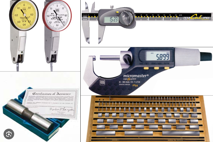 Various tooth gauges, PIN gauges, block gauges, calipers, and centicalis of internal and external diameters